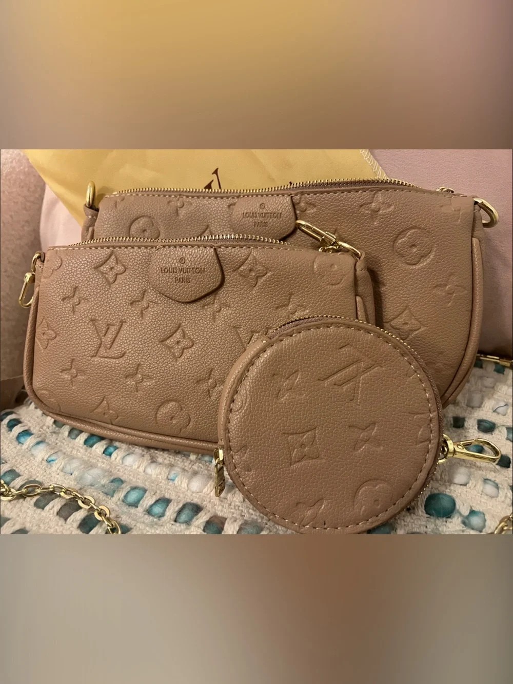 INSPIRED Tan Monogram Embossed Multi Pochette Bag with Gold Hardware